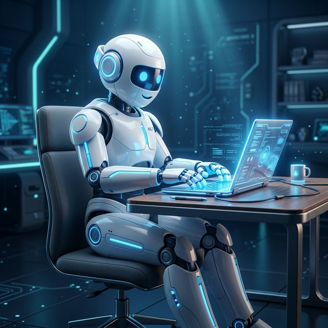 AI Robot Working on Laptop
